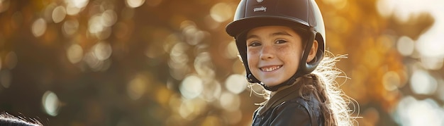 Menina sorridente com um capacete pronta para montar a cavalo Atividade ao ar livre e tema equestre