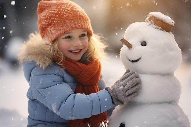 Menina sorridente construindo boneco de neve gerado por IA