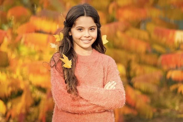 Menina sorridente criança feliz lindo cabelo comprido folhas de bordo Aconchegante dia de outono Garoto aproveite o outono ao ar livre Conheça o outono Proteja seu cabelo ao longo do dia de mais danos ambientais