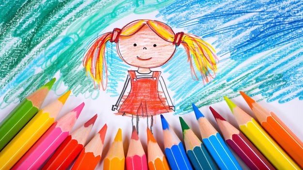 Menina sorridente desenhando com lápis de cor