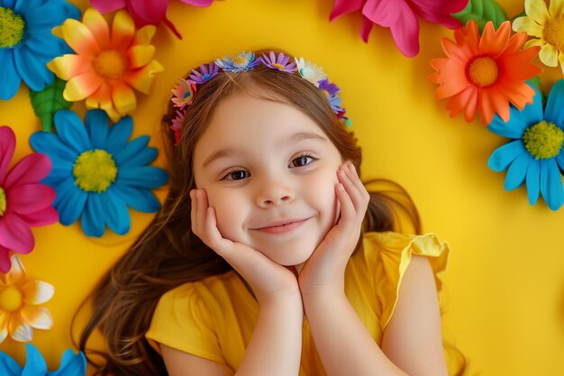 Foto menina sorridente em fundo amarelo criança alegre e feliz em frente a flores