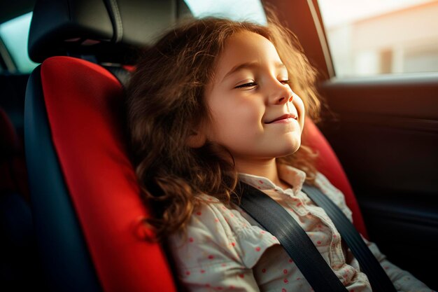 Menina sorridente em um assento de carro amarrado em uma segurança de assento infantil