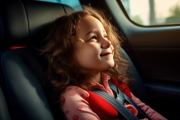 Menina sorridente em um assento de carro amarrado em uma segurança de assento infantil