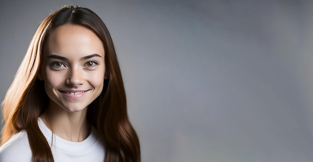 menina sorridente em um banner de publicidade de fundo cinza Copiar espaço