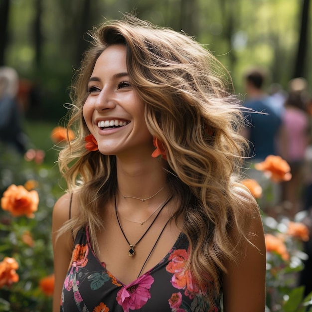 Menina sorridente em um canteiro de flores com expressões autênticas