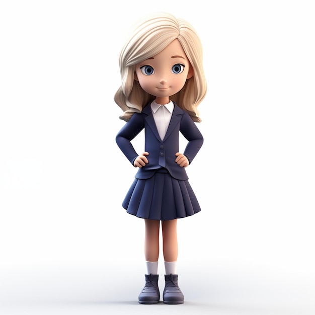 Menina sorridente em uniforme escolar 3D personagem de corpo inteiro isolado em fundo branco