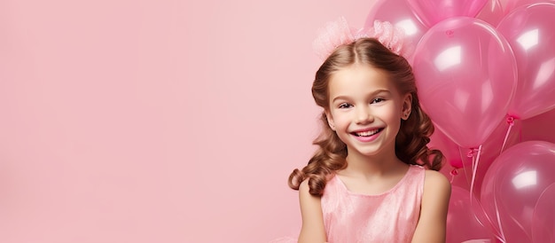 Menina sorridente em vestido de princesa posando com banner de aniversário no estúdio