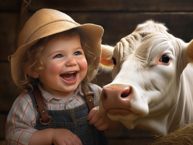 menina sorridente engraçada como agricultora com vaca