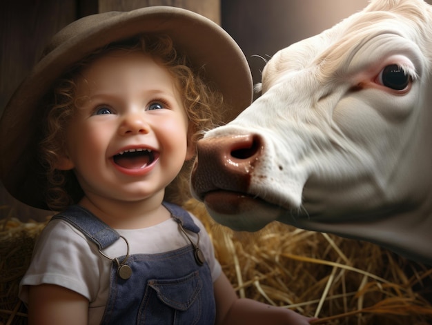 menina sorridente engraçada como agricultora com vaca