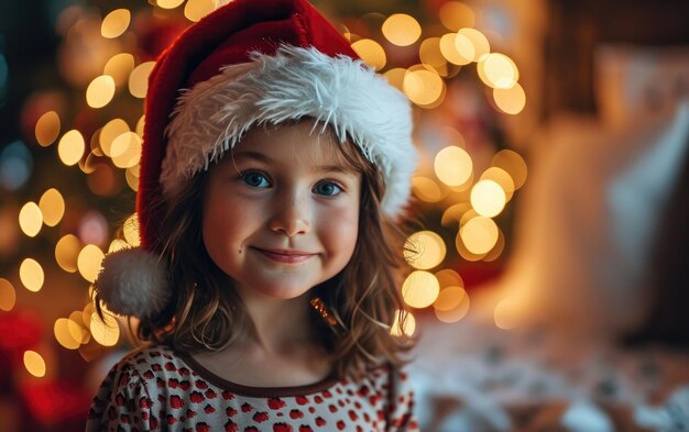 menina sorridente feliz com chapéu de Papai Noel em fundo de Natal