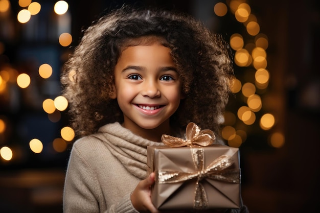 Menina sorridente feliz com uma caixa de presentes de Natal