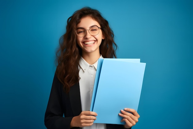 Menina sorridente segurando um arquivo com um documento gerado