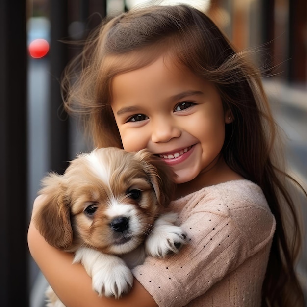 Menina sorridente segurando um cachorrinho