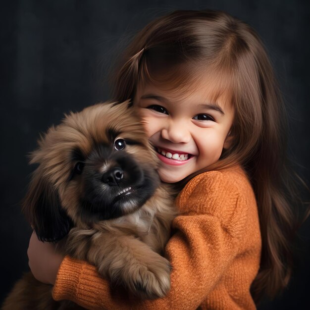 Menina sorridente segurando um cachorrinho