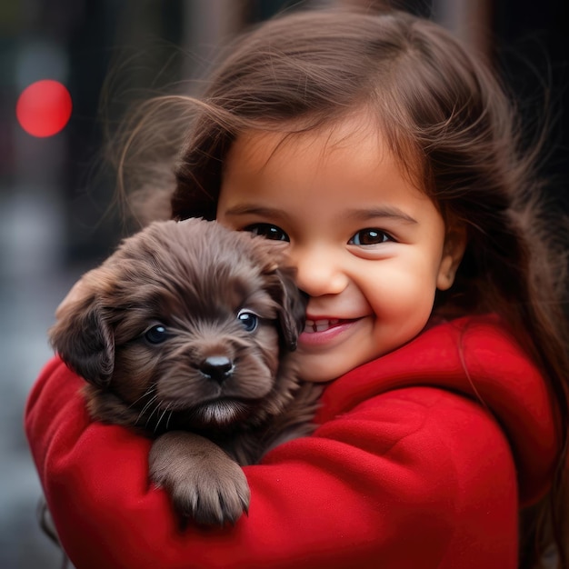 Menina sorridente segurando um cachorrinho
