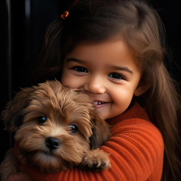 Menina sorridente segurando um cachorrinho