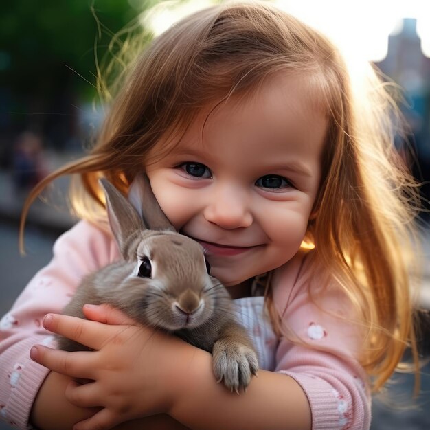 Foto menina sorridente segurando um coelho