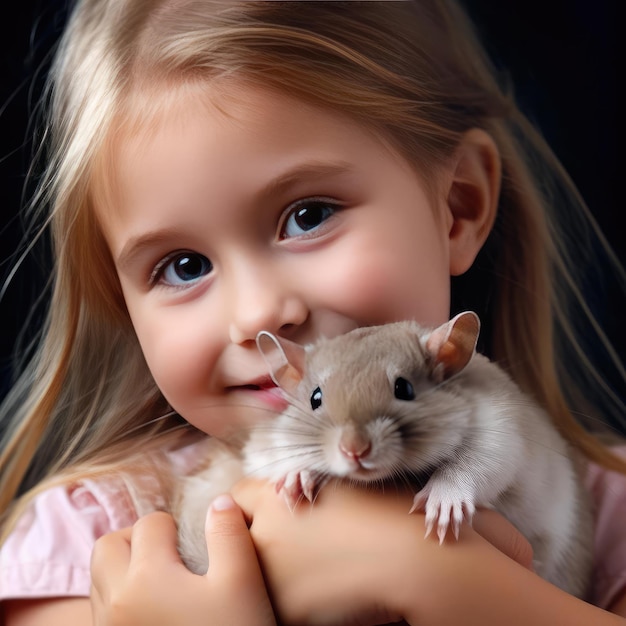 Menina sorridente segurando um hamster