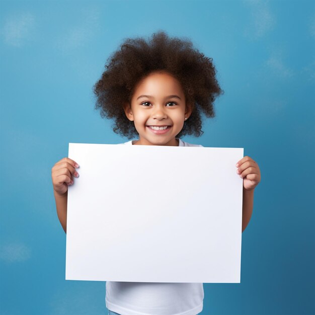 menina sorridente segurando uma folha branca de papel em fundo azul