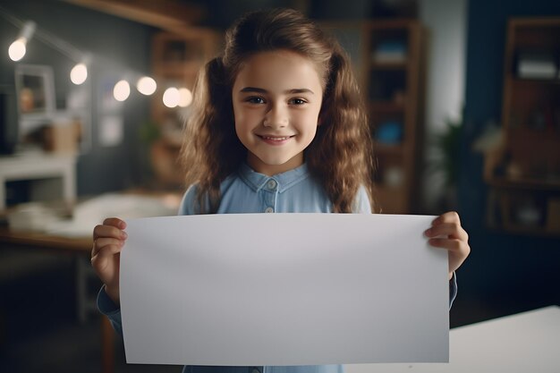 Menina sorridente segurando uma placa em branco em uma sala bem iluminada Imagem gerada por IA para facilitar a descoberta