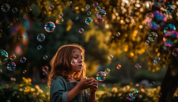 Menina sorridente soprando bolhas aproveitando a infância despreocupada ao ar livre gerada por IA