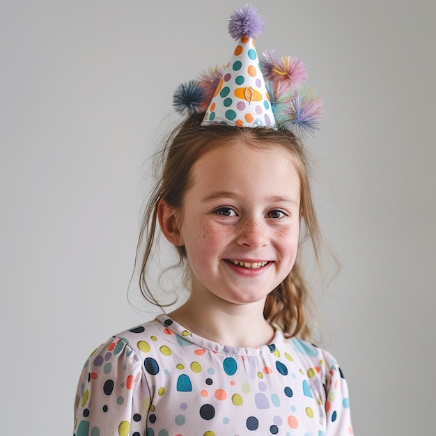 Menina sorridente usando um chapéu de festa em um fundo branco