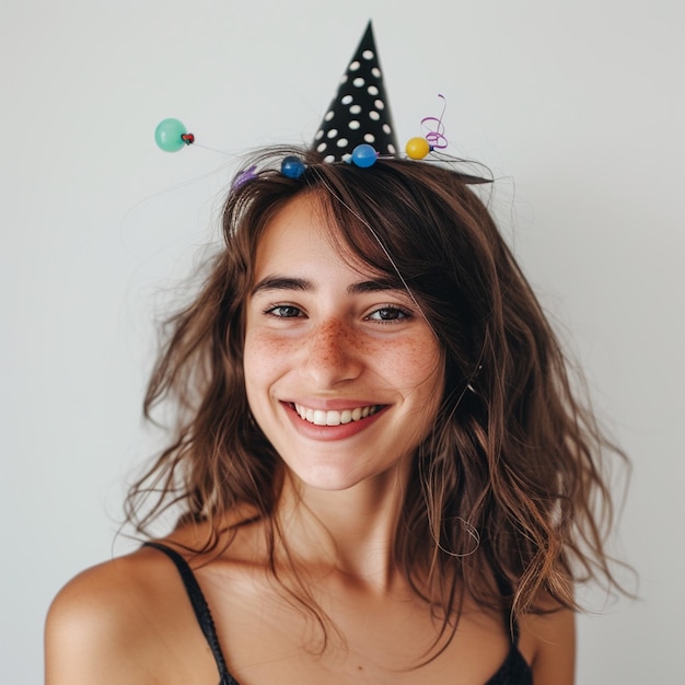 Menina sorridente usando um chapéu de festa em um fundo branco