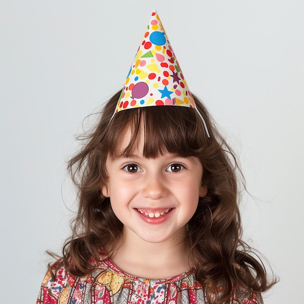 Menina sorridente usando um chapéu de festa em um fundo branco