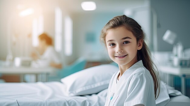 Menina sorridente vestindo uniforme de médico no quarto do hospital