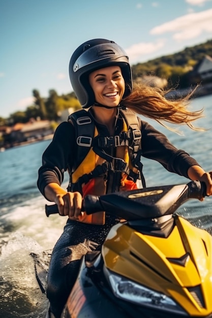 Menina sorrindo em um jet ski em um capacete contra o fundo de água e árvores na costa