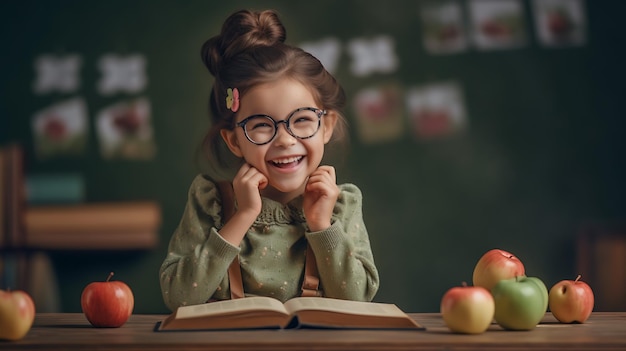 Menina sorrindo enquanto está sentada na frente de um livro contra um quadro criado com tecnologia de IA generativa