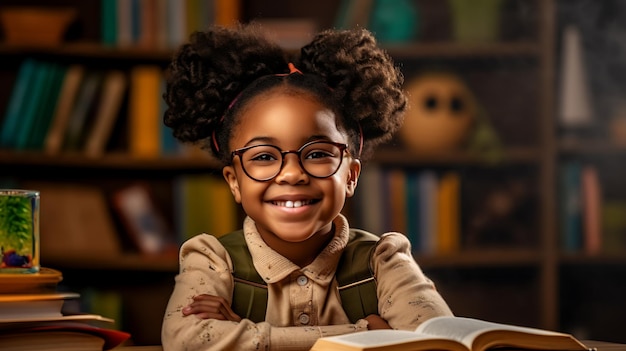 Menina sorrindo enquanto está sentada na frente de um livro contra um quadro-negroCriado com tecnologia Generative AI