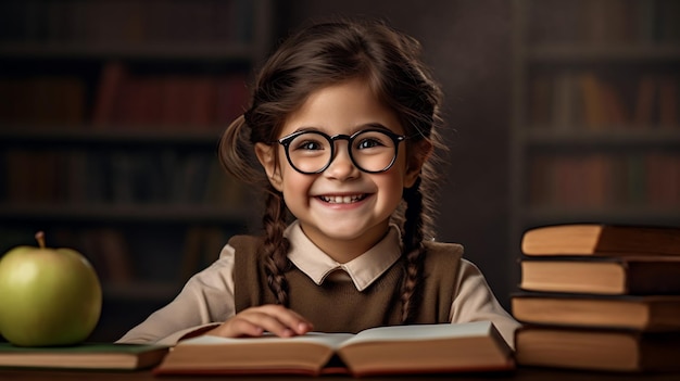 Menina sorrindo enquanto está sentada na frente de um livro contra um quadro-negroCriado com tecnologia Generative AI