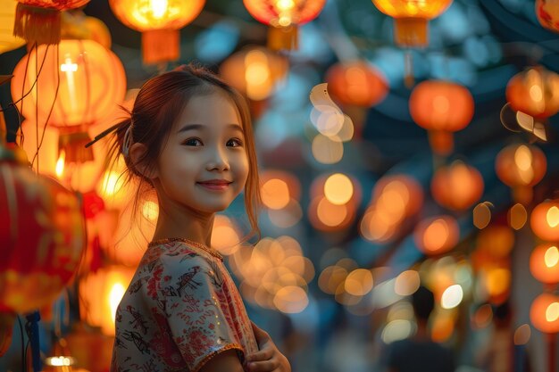 Menina sorrindo na frente de uma exposição colorida de lanternas