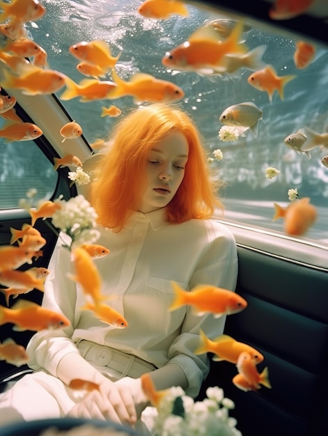 Foto menina subaquática em um traje subaquático branco um grupo de peixes coloridos no fundo