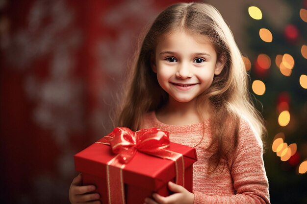 Menina surpresa segurando o presente de Natal fundo bokeh de Natal