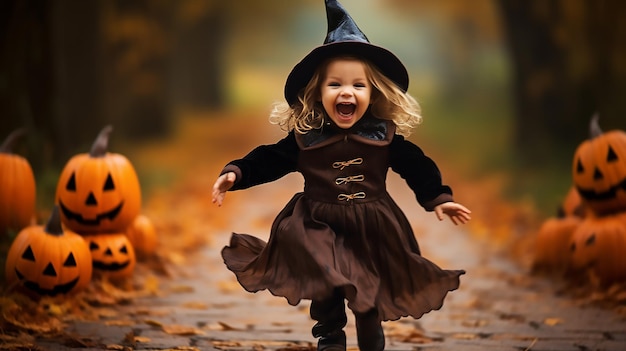 Menina tão feliz e cheia de sorriso com fantasia se divertindo ao ar livre em doces ou travessuras de Halloween