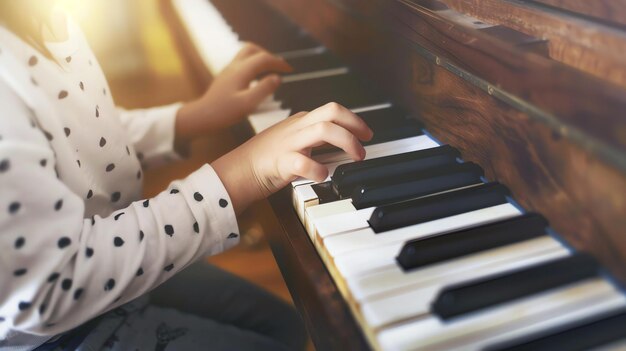 Menina tocando piano em close das mãos das crianças nas teclas do piano