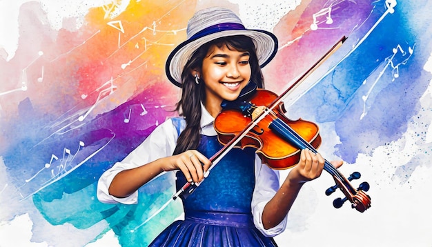 menina tocando violino em fundo abstrato com aquarela ilustração de desenho à mão