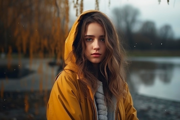 menina triste ao ar livre no tempo chuvoso de outono