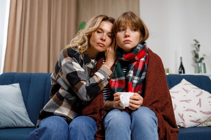 Foto menina triste com gripe em um cobertor e com uma xícara de chá e sua mãe sentada no sofá