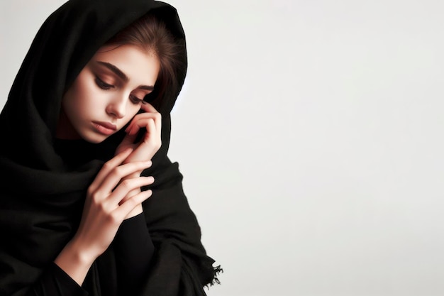 Menina triste em luto usando um lenço preto na cabeça em um espaço de cópia de fundo branco