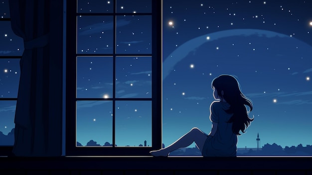 Menina triste estilo desenho animado 2D olha para o céu estrelado pela janela