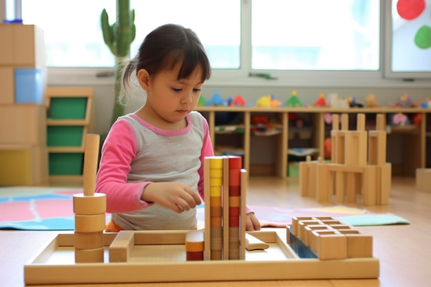Menina usa materiais educacionais de madeira inspirados em montessori para aprender na escola Ai gerado
