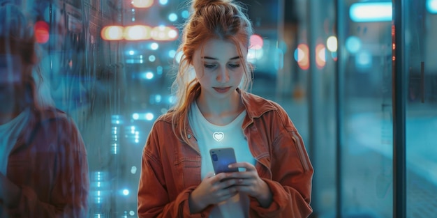 menina usa mídias sociais através de ícones de aplicativos de smartphone IA gerativa
