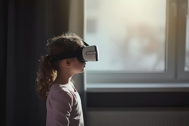 Menina usando fone de ouvido VR na frente da janela