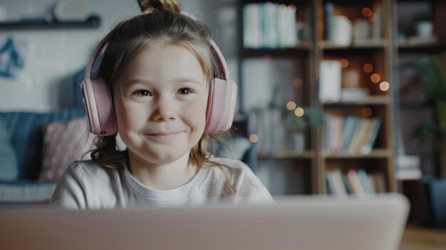 Menina usando fones de ouvido e olhando para o laptop