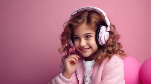 Menina usando fones de ouvido em um fundo rosa ouvindo sua música favorita