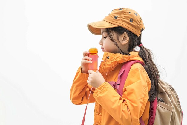 Foto menina usando repelente de insetos para esportes ao ar livre