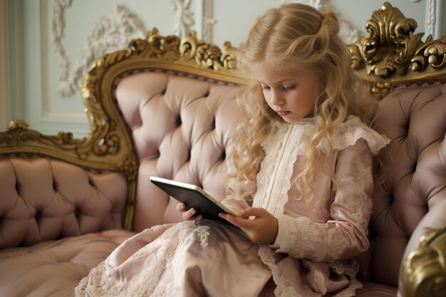 Foto menina usando tablet em cadeira